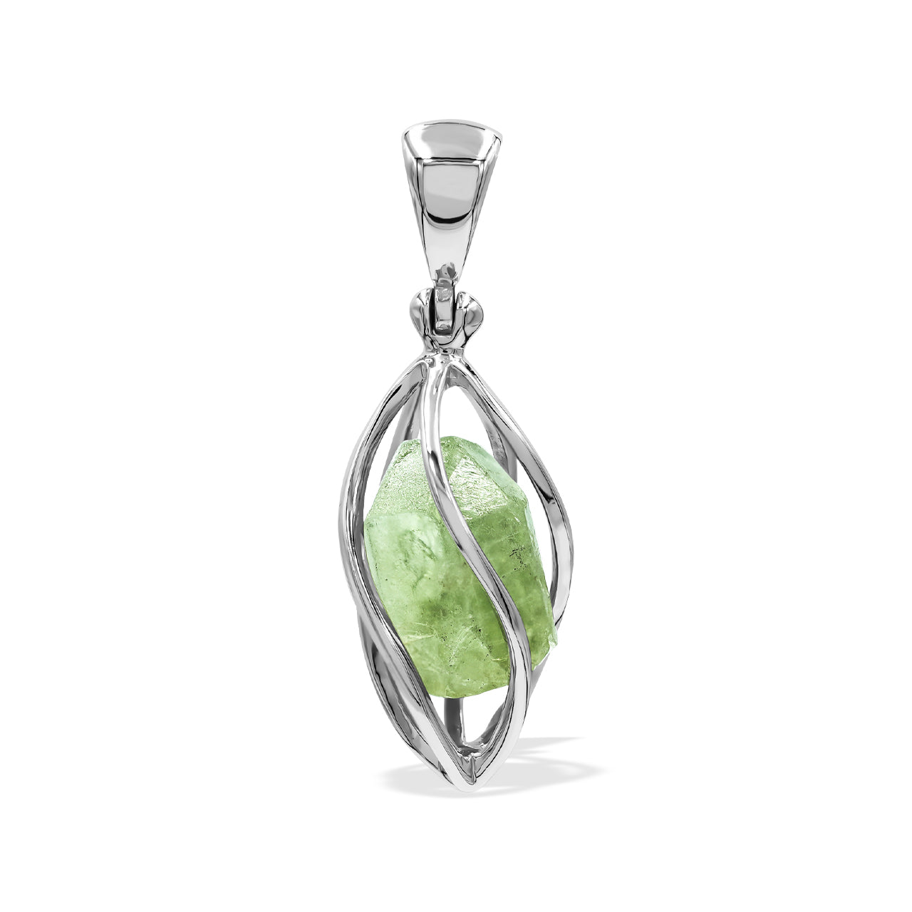 Starborn Peridot Crystal Spiral Cage Pendant in Sterling Silver
