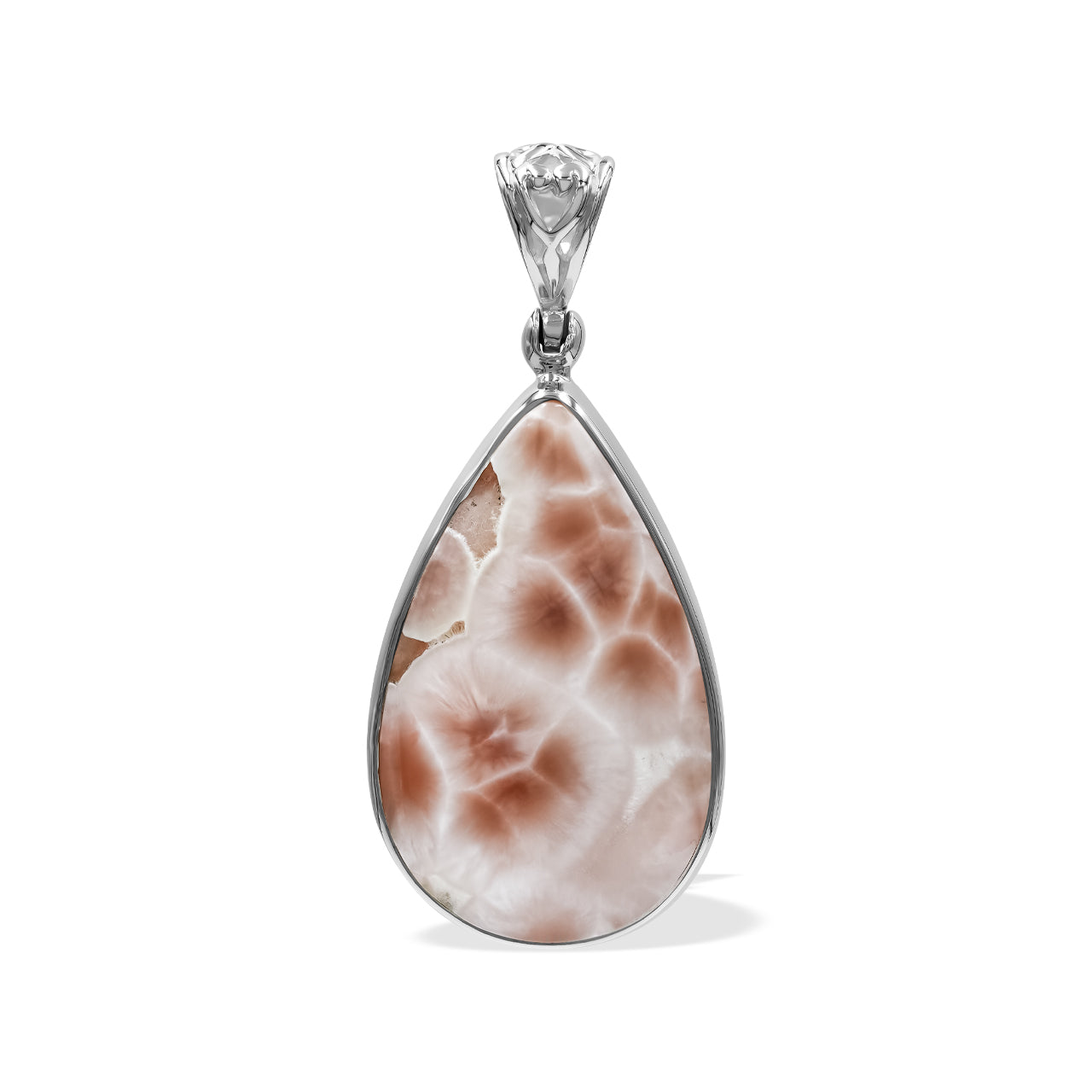 Starborn Pink Natrolite Pear Shaped Pendant in Sterling Silver with Filigree Bale