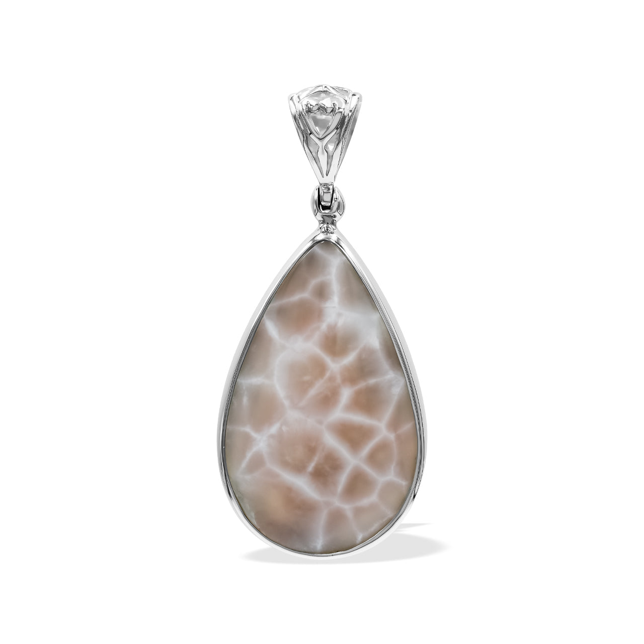 Starborn Pink Natrolite Pear Shaped Pendant in Sterling Silver with Filigree Bale