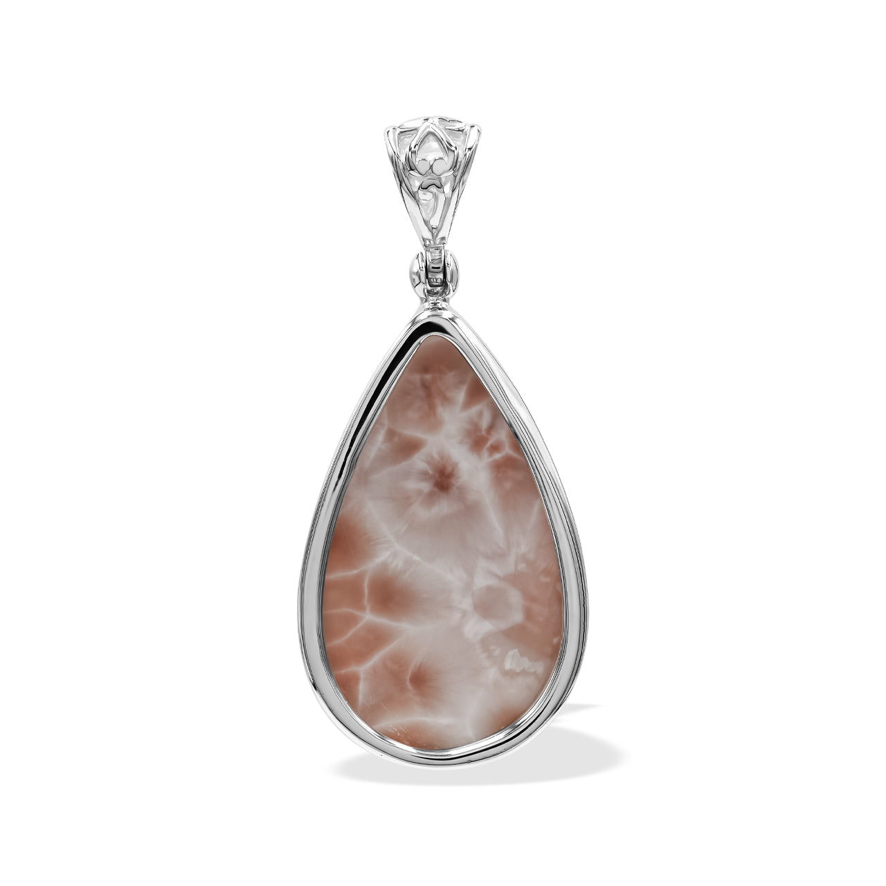 Starborn Pink Natrolite Pear Shaped Pendant in Sterling Silver with Filigree Bale