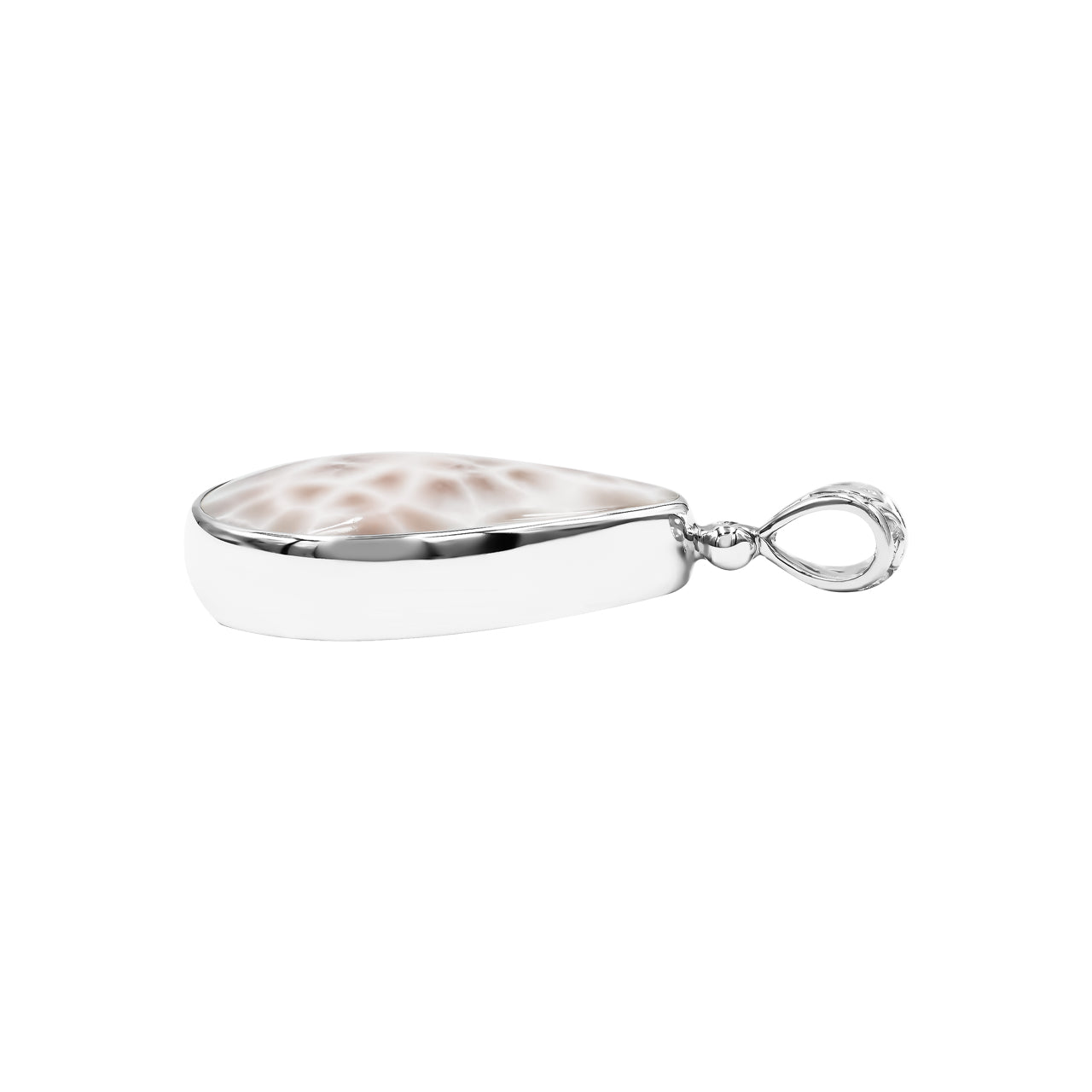 Starborn Pink Natrolite Pear Shaped Pendant in Sterling Silver with Filigree Bale