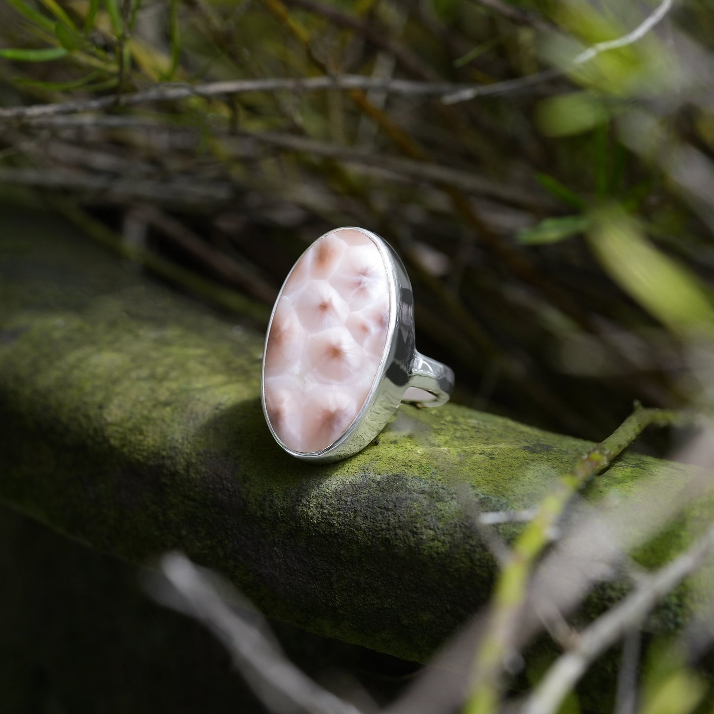 Starborn Pink Natrolite Oval Shape Ring in Sterling Silver