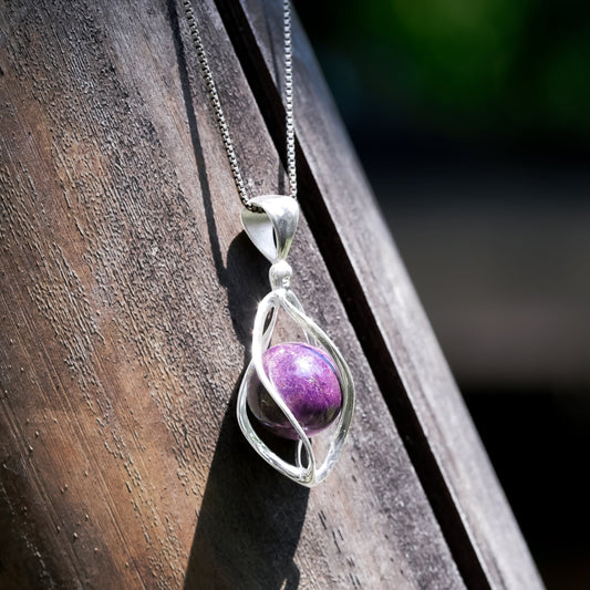 Starborn Purpurite Sphere 12mm Spiral Cage Pendant in Sterling Silver