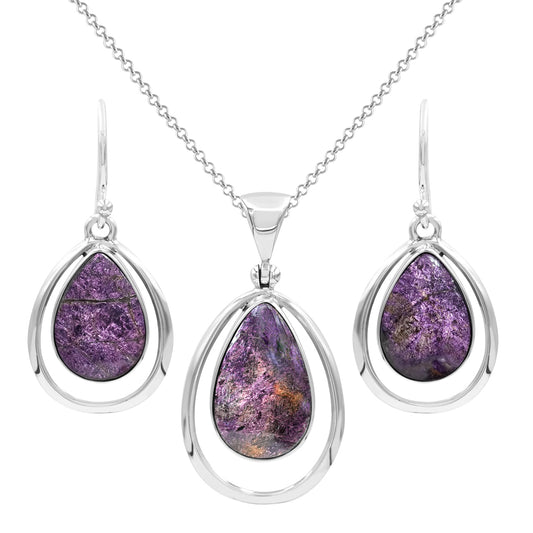 Starborn Purpurite Pear-Shaped Wire Frame Pendant and Earring Set in Sterling Silver