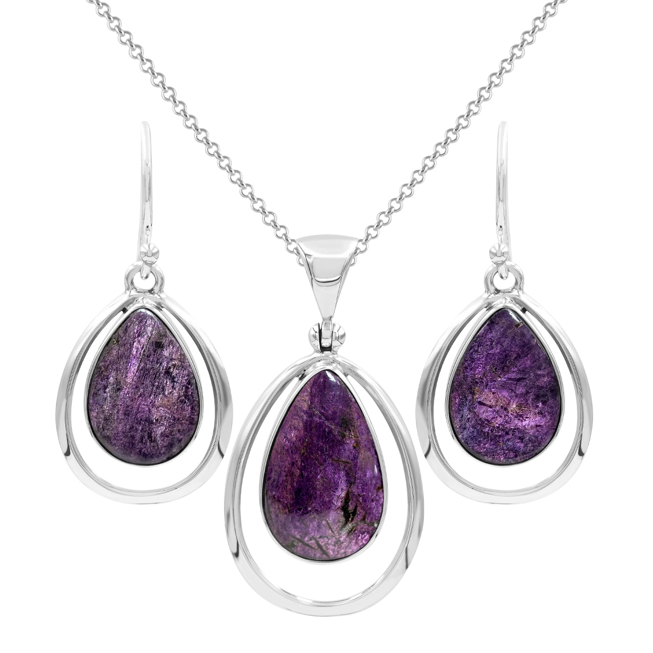 Starborn Purpurite Pear-Shaped Wire Frame Pendant and Earring Set in Sterling Silver