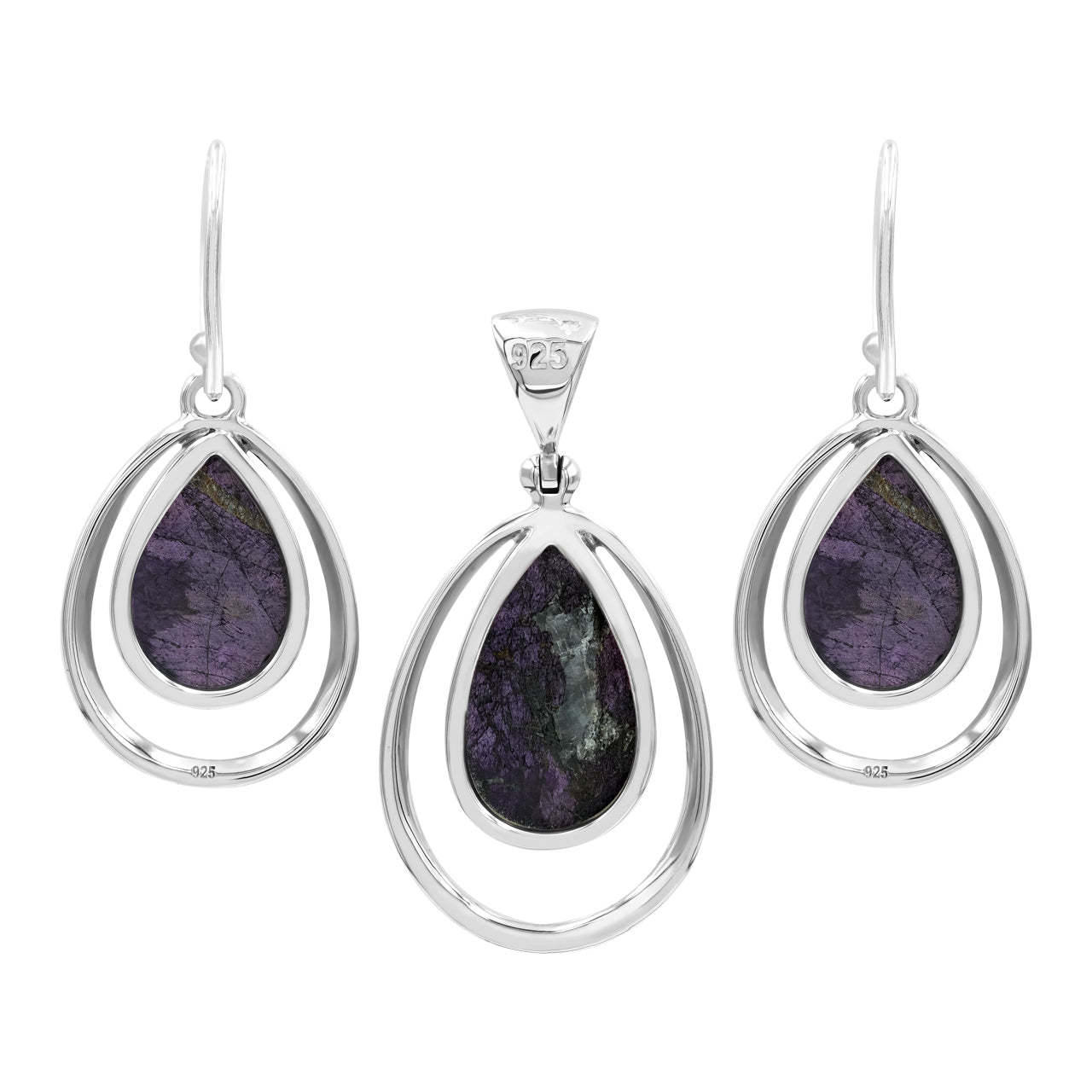 Starborn Purpurite Pear-Shaped Wire Frame Pendant and Earring Set in Sterling Silver