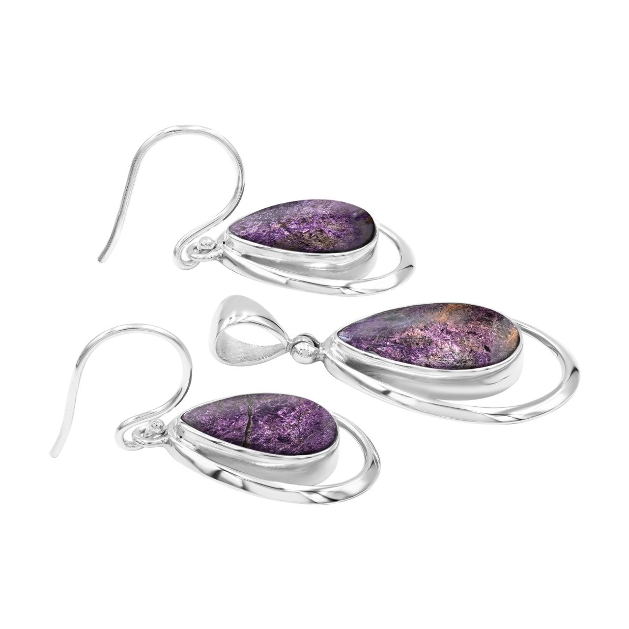 Starborn Purpurite Pear-Shaped Wire Frame Pendant and Earring Set in Sterling Silver