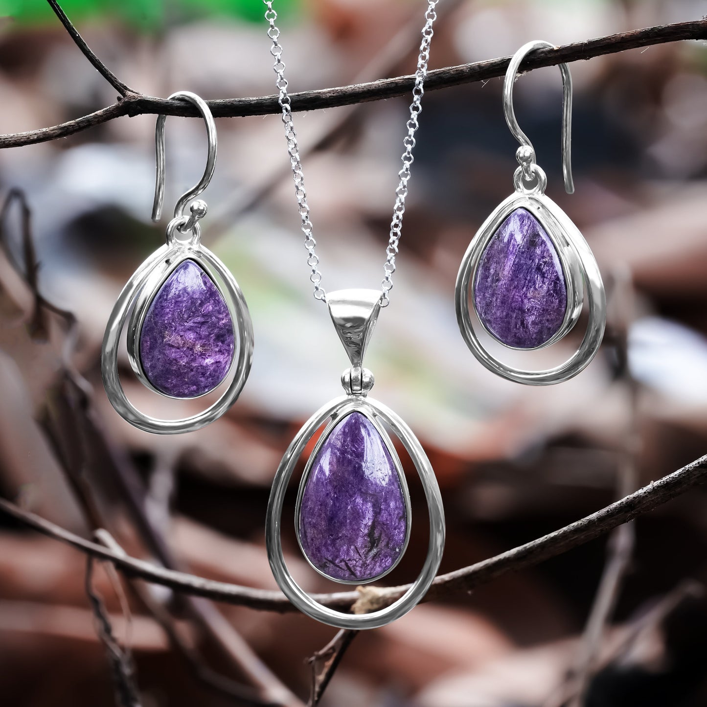 Starborn Purpurite Pear-Shaped Wire Frame Pendant and Earring Set in Sterling Silver