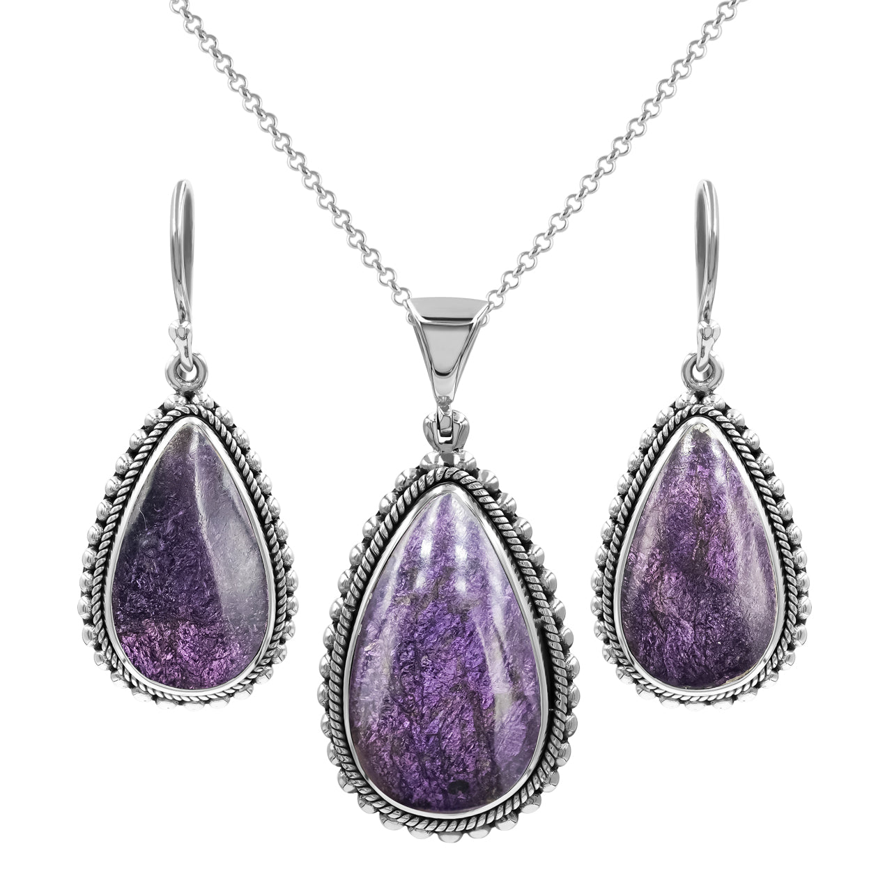 Starborn Purpurite Pendant and Earring Set in Sterling Silver - Pear Shaped