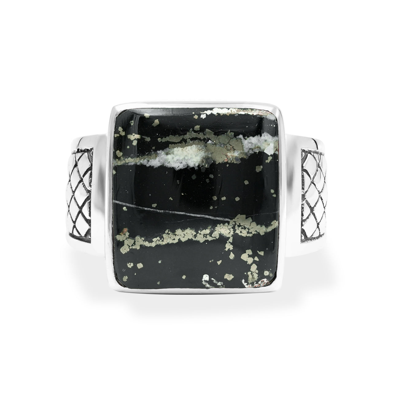 Starborn Schiefer Pyrite Men’s Ring with Geometric Shank Accents in Sterling Silver