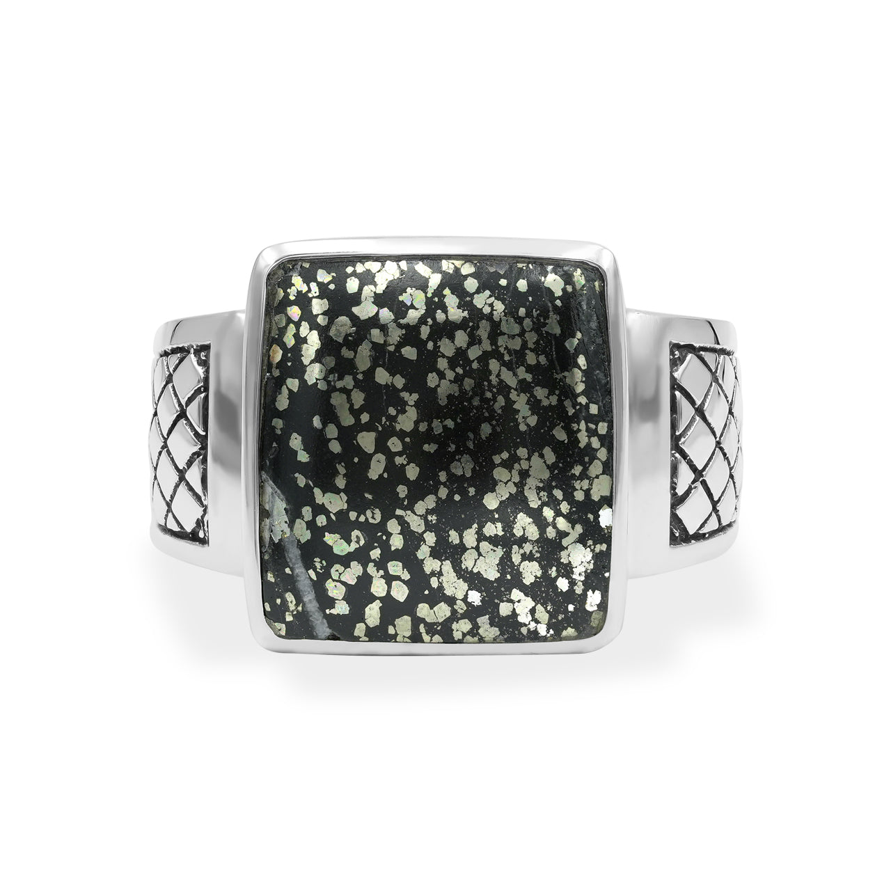 Starborn Schiefer Pyrite Men’s Ring with Geometric Shank Accents in Sterling Silver