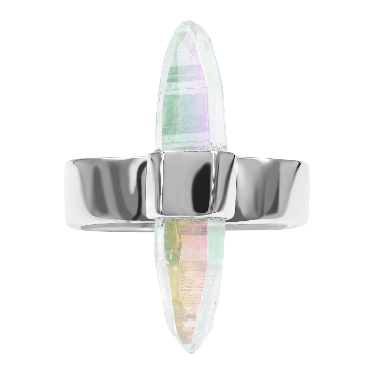 Starborn Angel Aura Quartz Crystal with Silver Band Ring in Sterling Silver