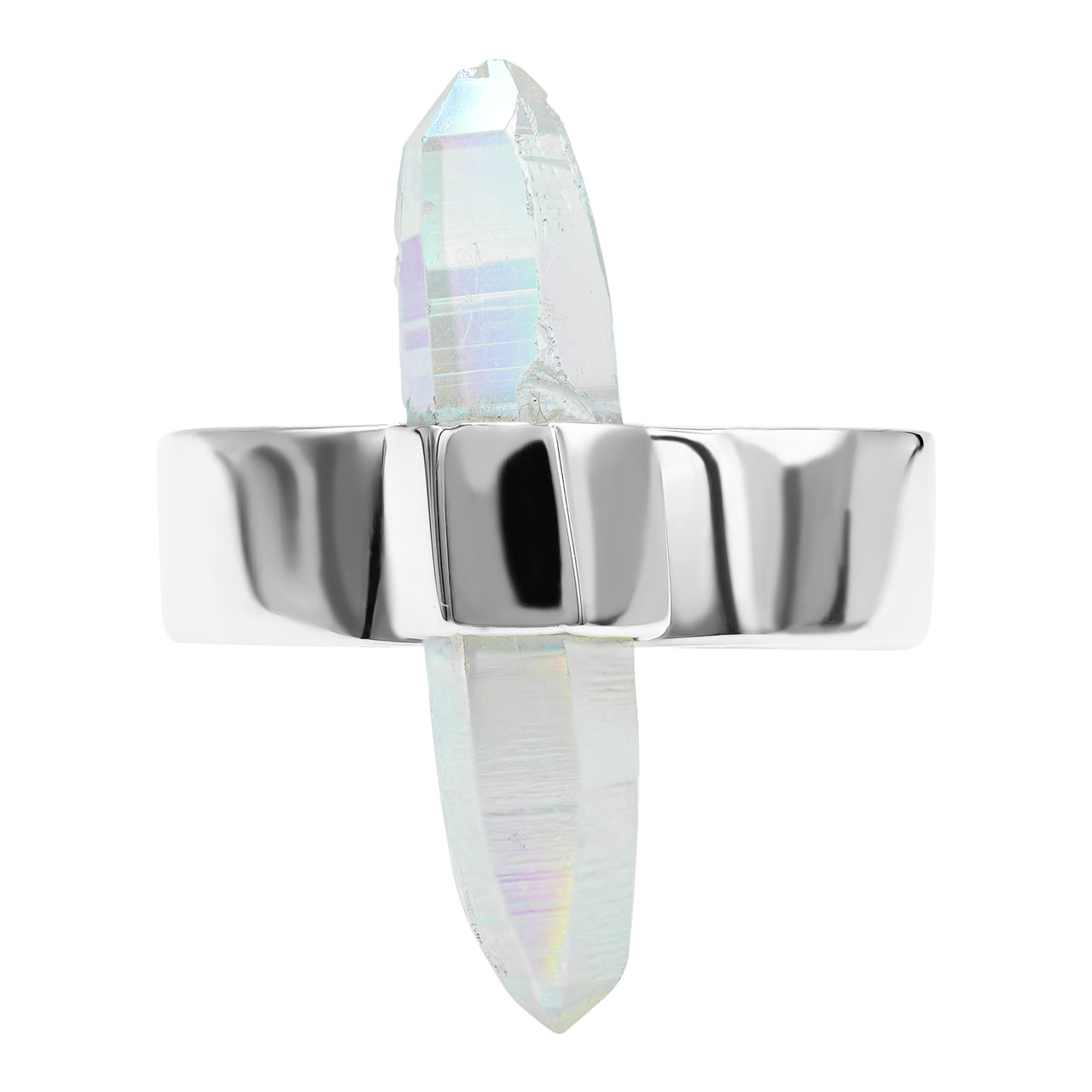 Starborn Angel Aura Quartz Crystal with Silver Band Ring in Sterling Silver