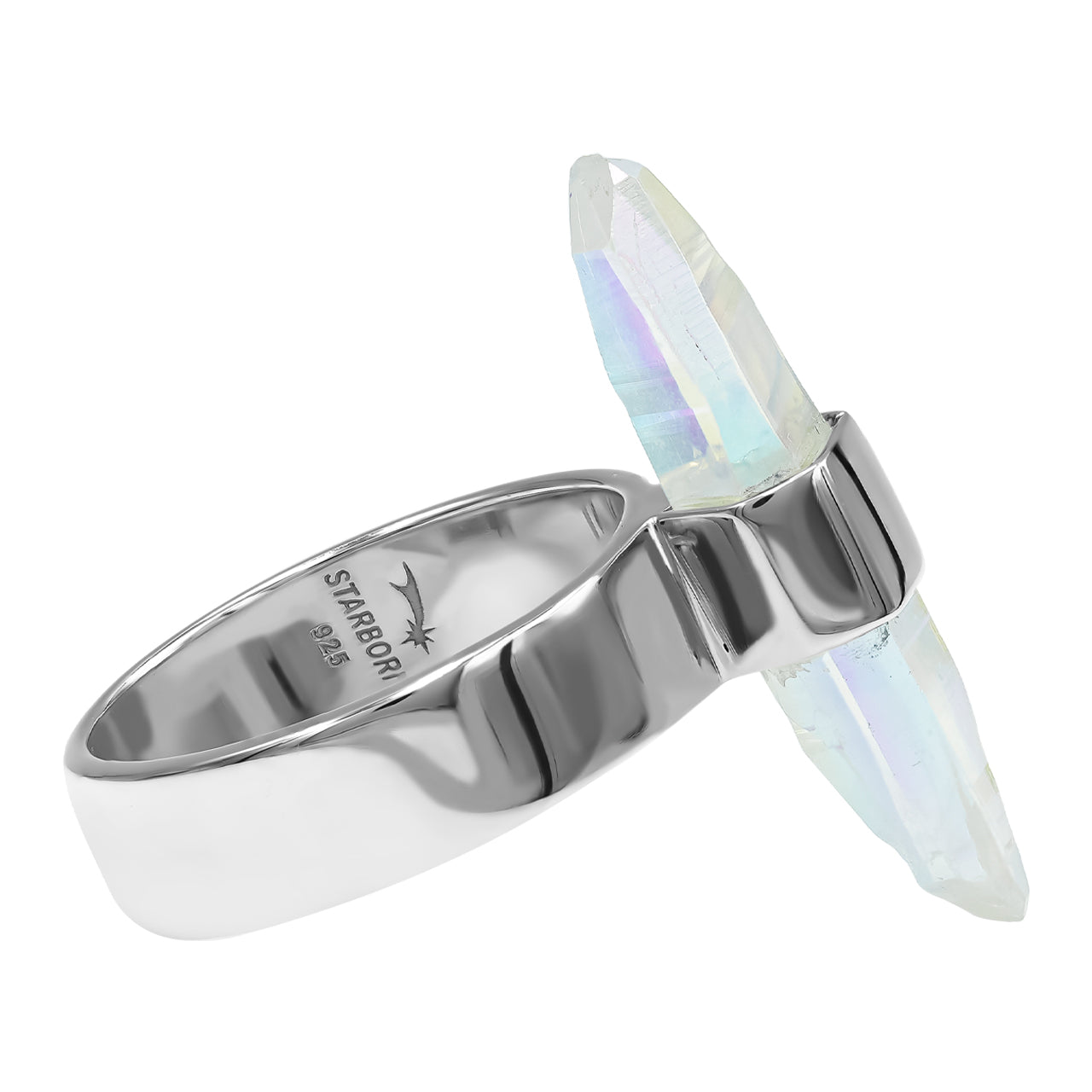 Starborn Angel Aura Quartz Crystal with Silver Band Ring in Sterling Silver