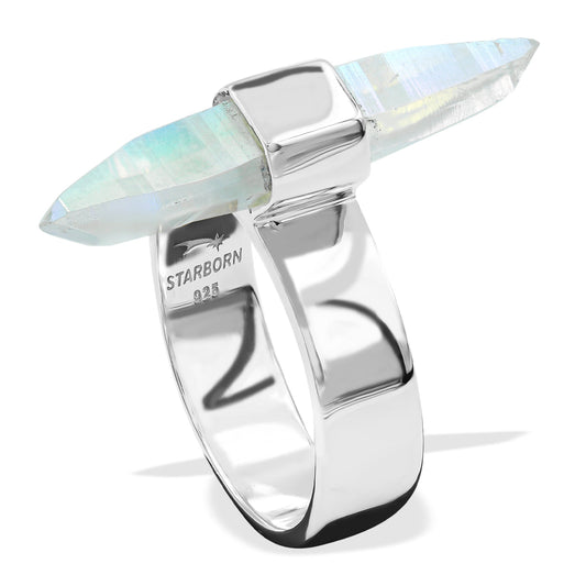 Starborn Angel Aura Quartz Crystal with Silver Band Ring in Sterling Silver