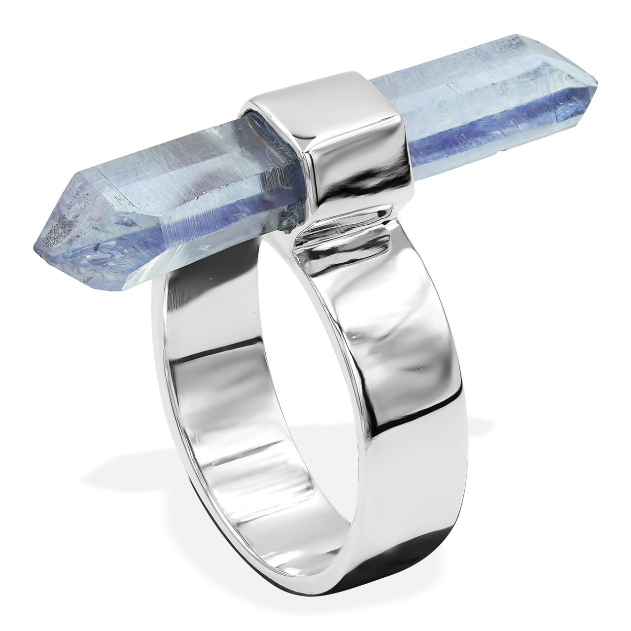Starborn Tanzanite Aura Quartz Crystal with Silver Band Ring in Sterling Silver