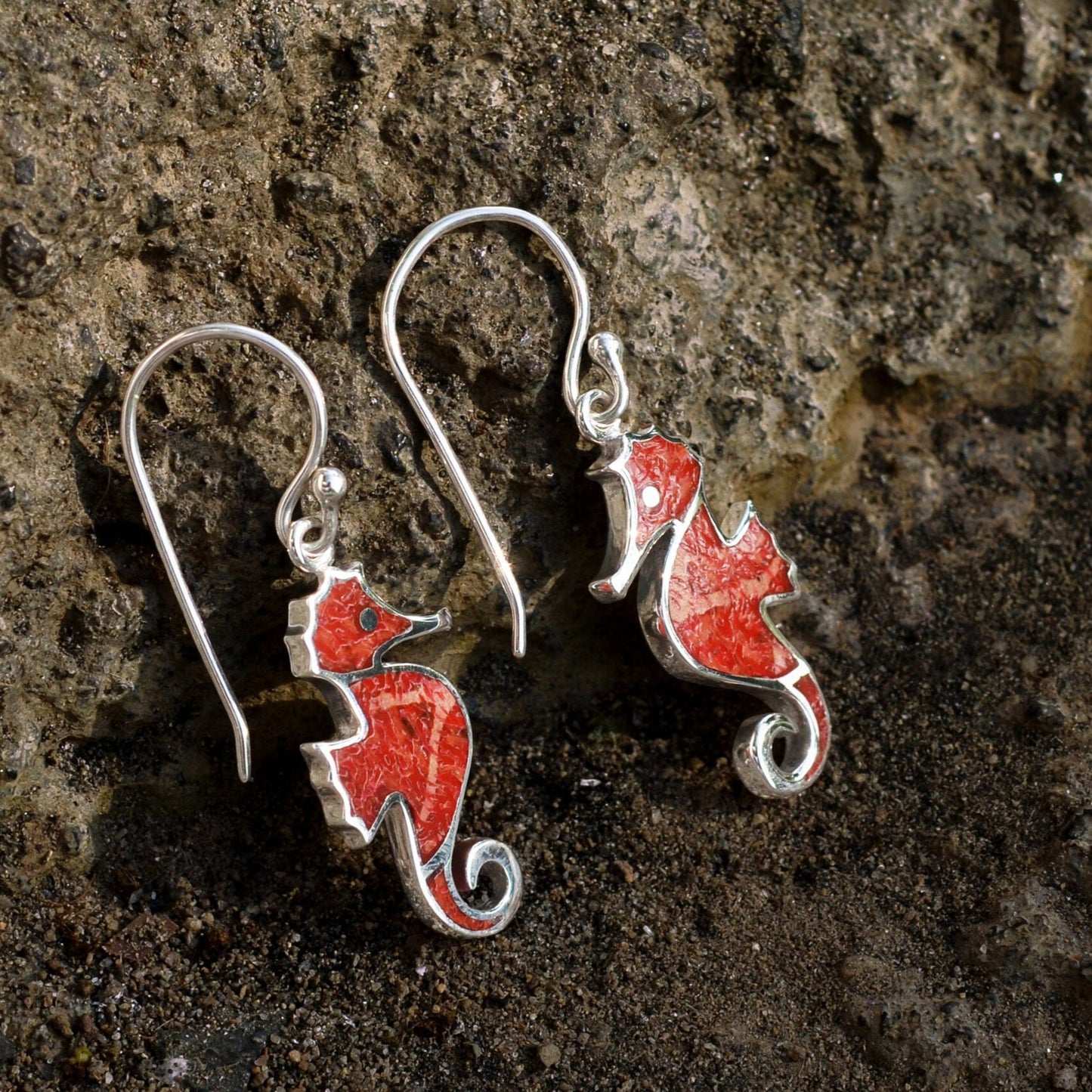 Starborn Red Coral Seahorse Earrings in Sterling Silver