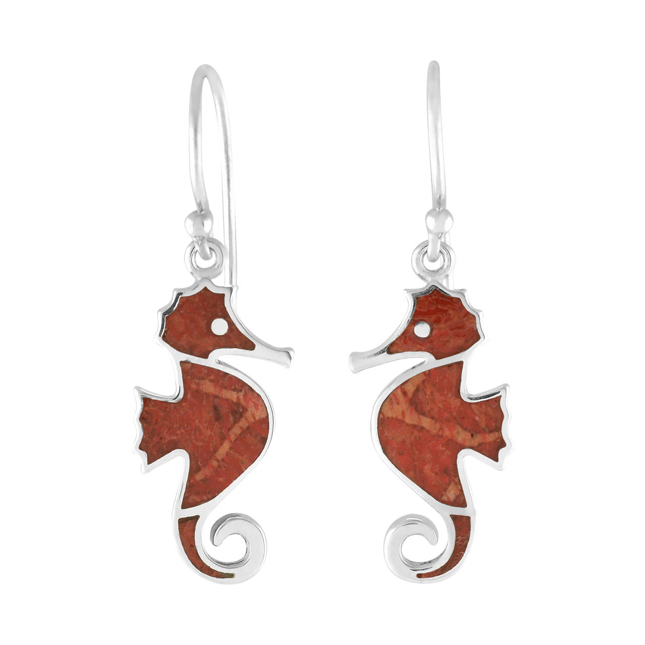 Starborn Red Coral Seahorse Earrings in Sterling Silver