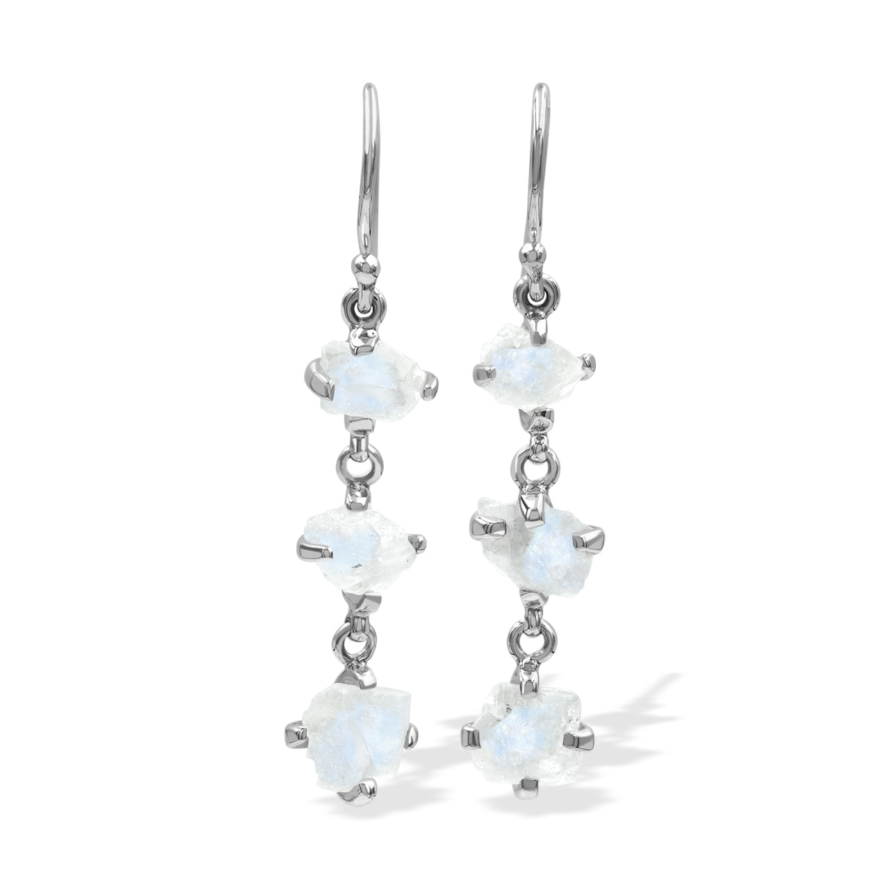 Starborn 3-Stone Rainbow Moonstone Drop Earrings in Sterling Silver - Rough White