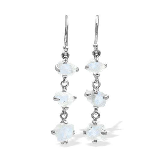 Starborn 3-Stone Rainbow Moonstone Drop Earrings in Sterling Silver - Rough White