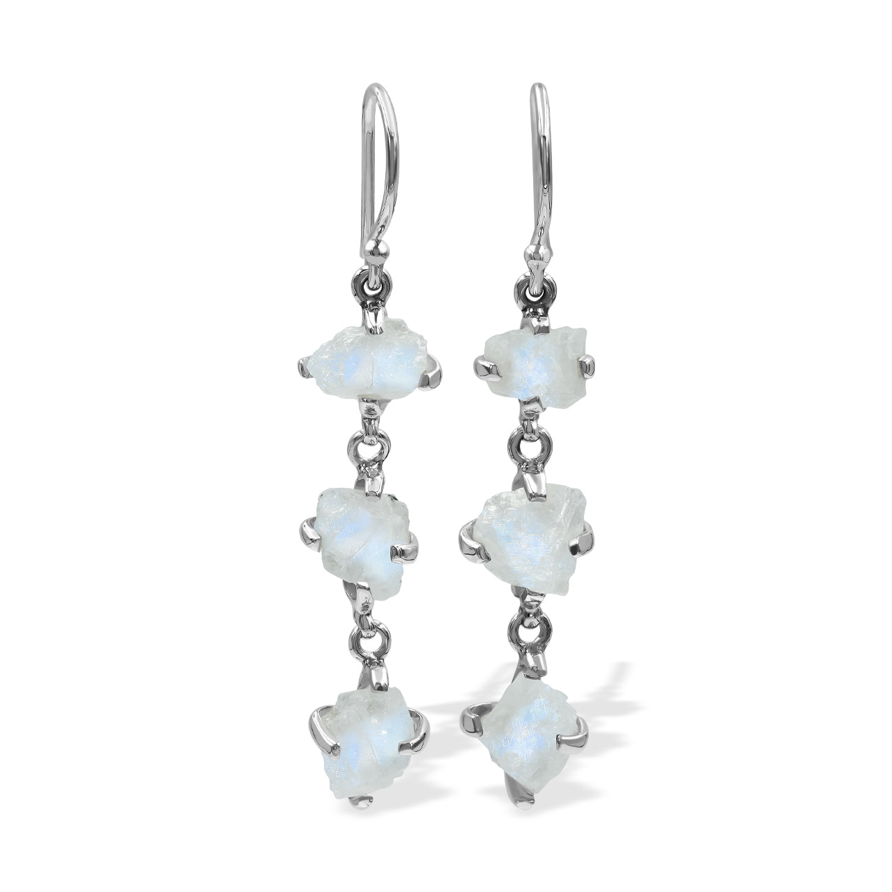 Starborn 3-Stone Rainbow Moonstone Drop Earrings in Sterling Silver - Rough White