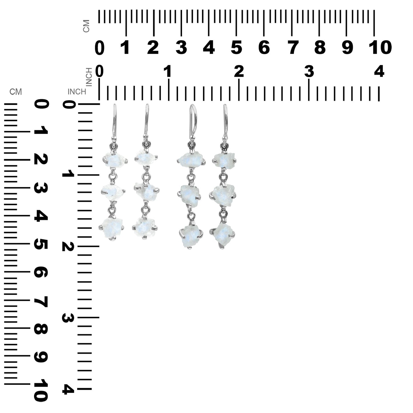 Starborn 3-Stone Rainbow Moonstone Drop Earrings in Sterling Silver - Rough White
