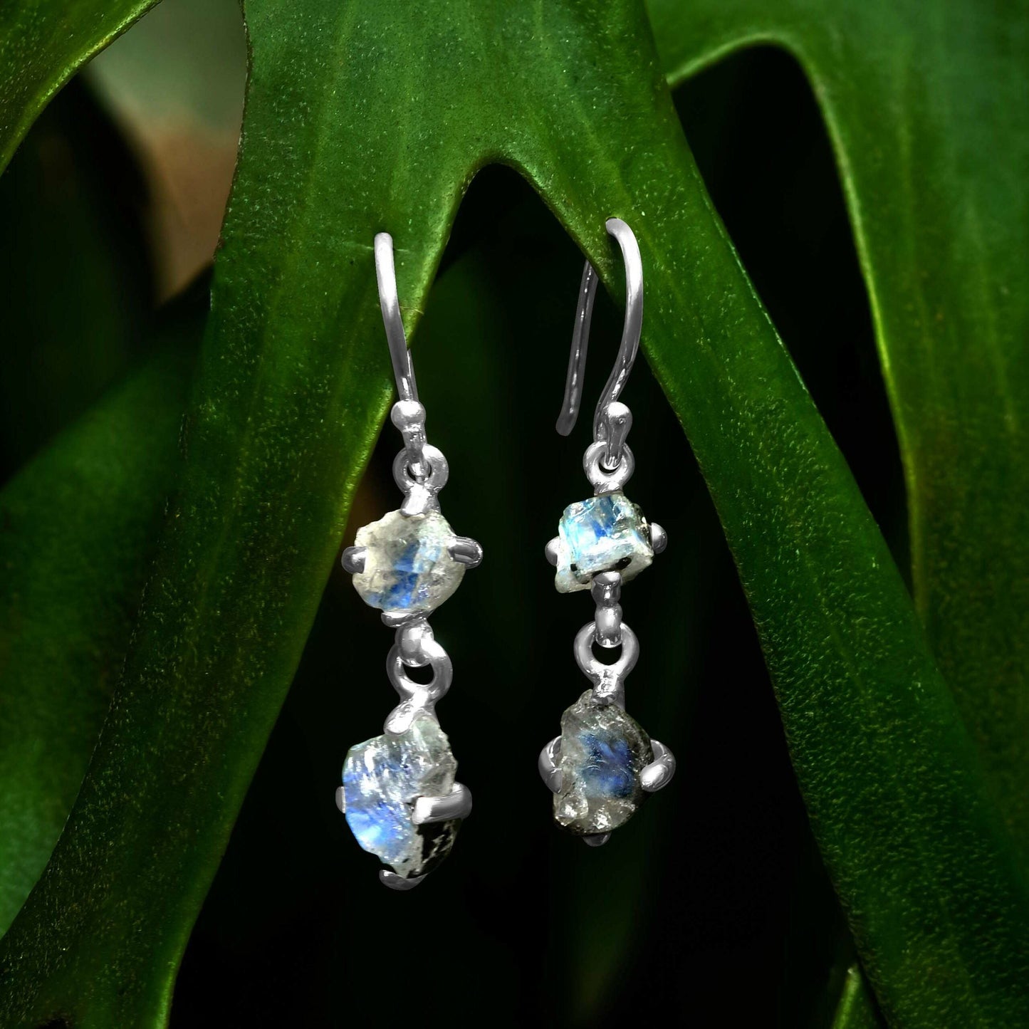 Starborn Rough 2-Stone Rainbow Moonstone Drop Earrings in Sterling Silver - Rough with Black