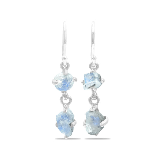 Starborn Rough 2-Stone Rainbow Moonstone Drop Earrings in Sterling Silver - Rough with Black