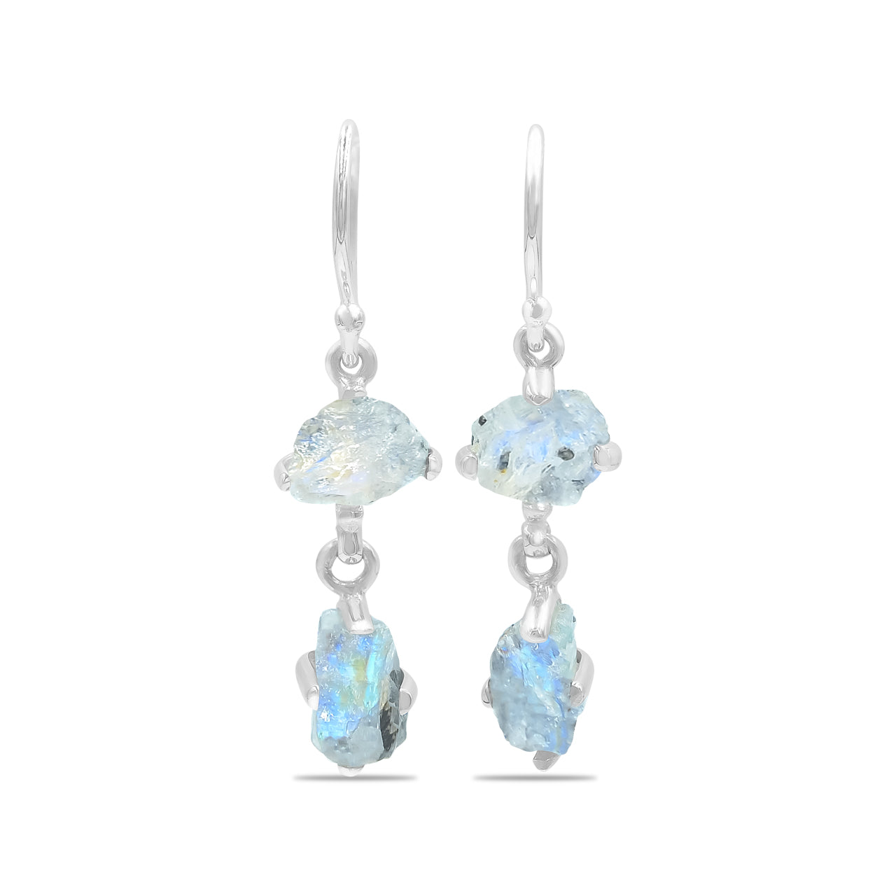 Starborn Rough 2-Stone Rainbow Moonstone Drop Earrings in Sterling Silver - Rough with Black