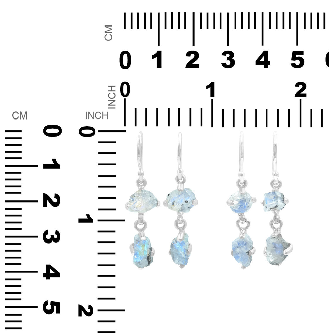 Starborn Rough 2-Stone Rainbow Moonstone Drop Earrings in Sterling Silver - Rough with Black