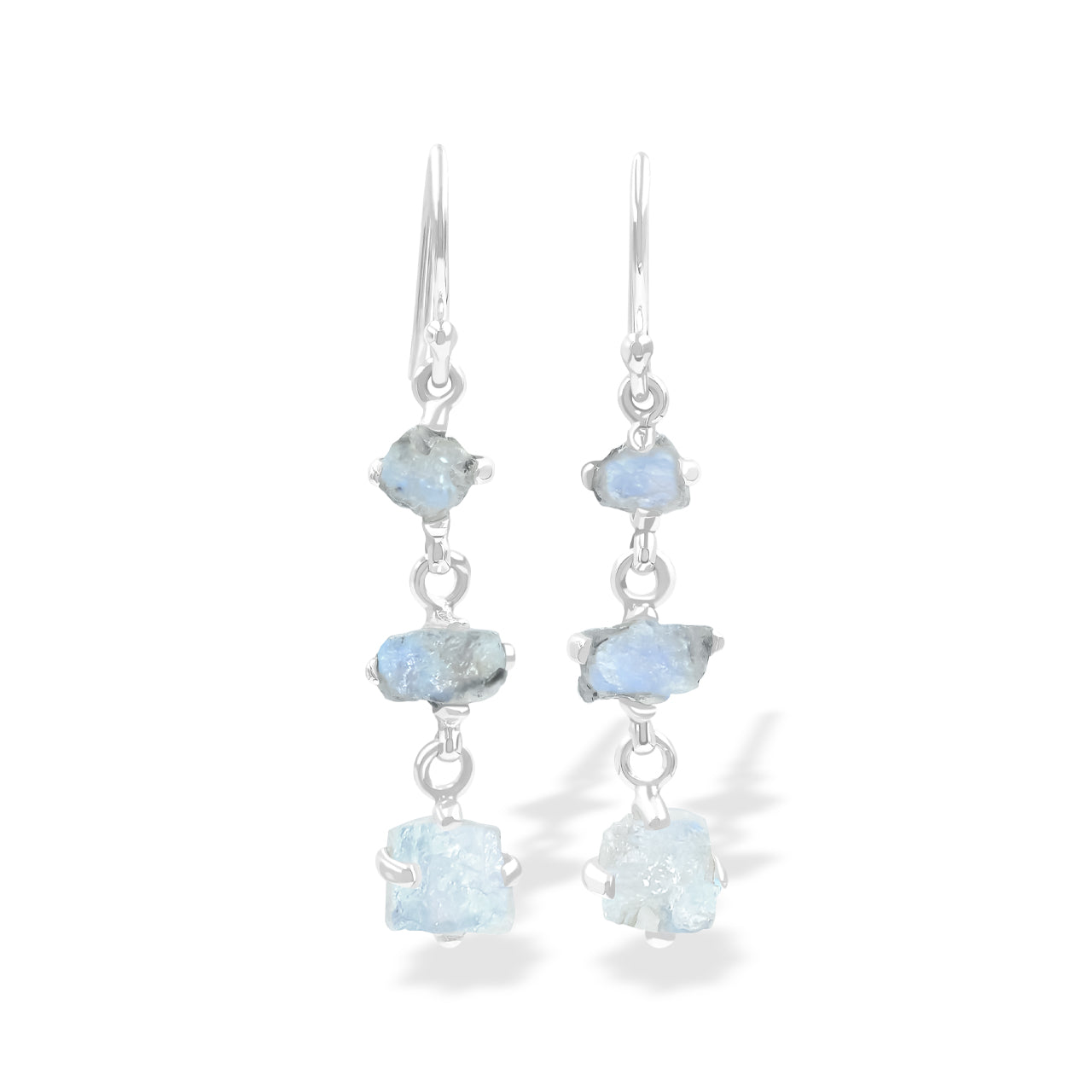 Starborn 3-Stone Rainbow Moonstone Drop Earrings in Sterling Silver - Rough with Black