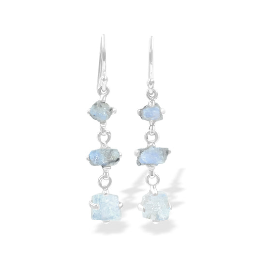 Starborn 3-Stone Rainbow Moonstone Drop Earrings in Sterling Silver - Rough with Black