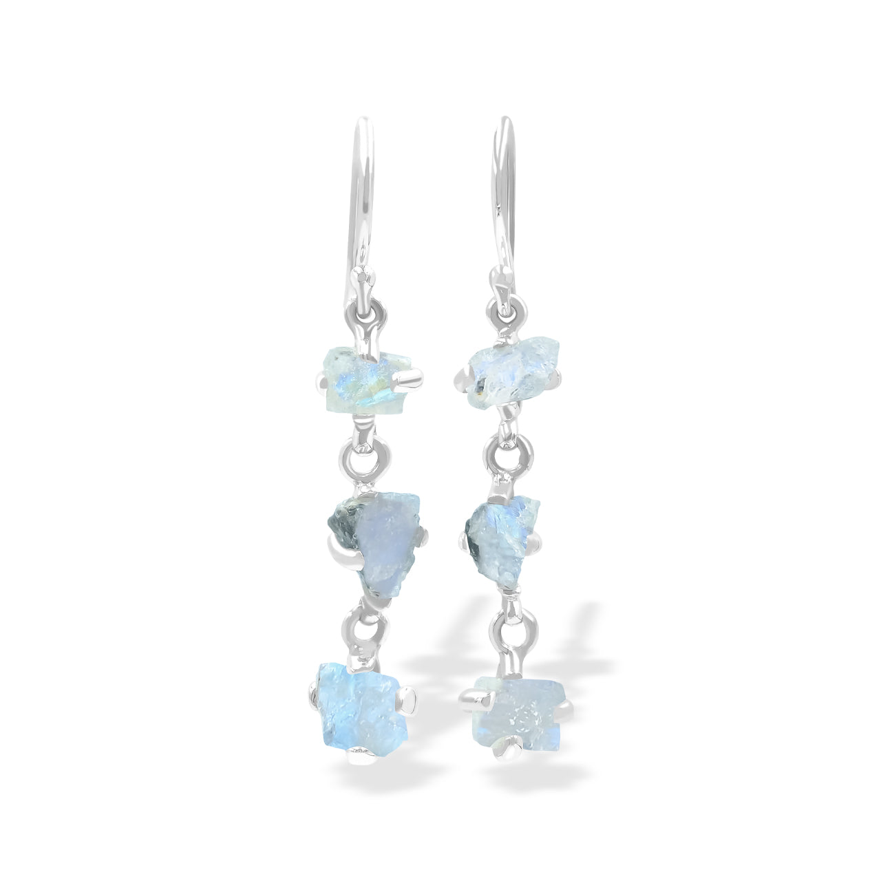 Starborn 3-Stone Rainbow Moonstone Drop Earrings in Sterling Silver - Rough with Black