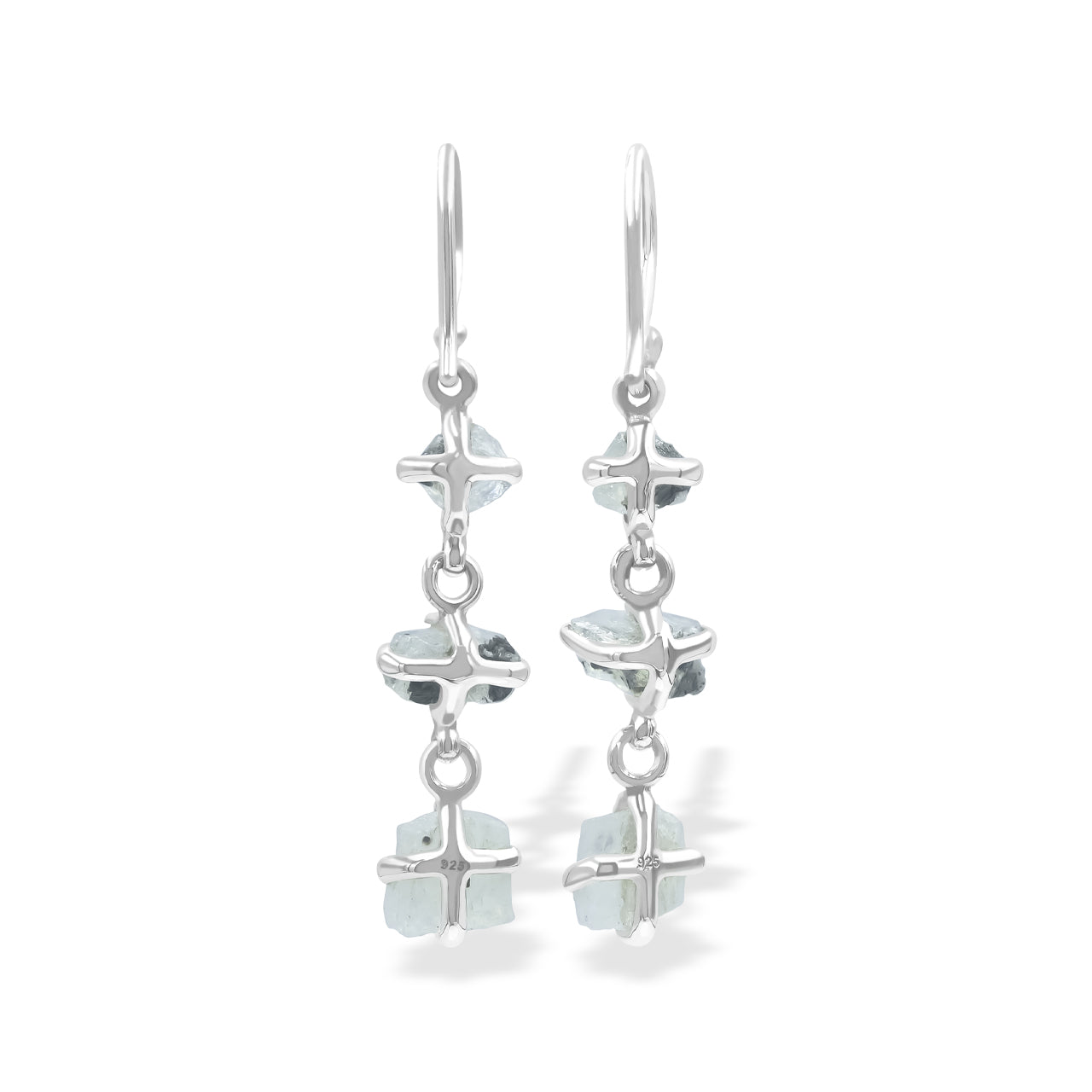 Starborn 3-Stone Rainbow Moonstone Drop Earrings in Sterling Silver - Rough with Black