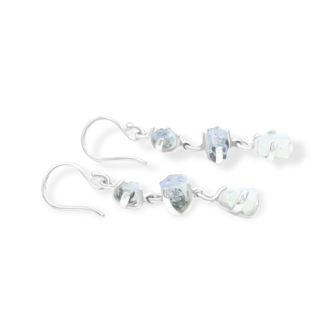 Starborn 3-Stone Rainbow Moonstone Drop Earrings in Sterling Silver - Rough with Black