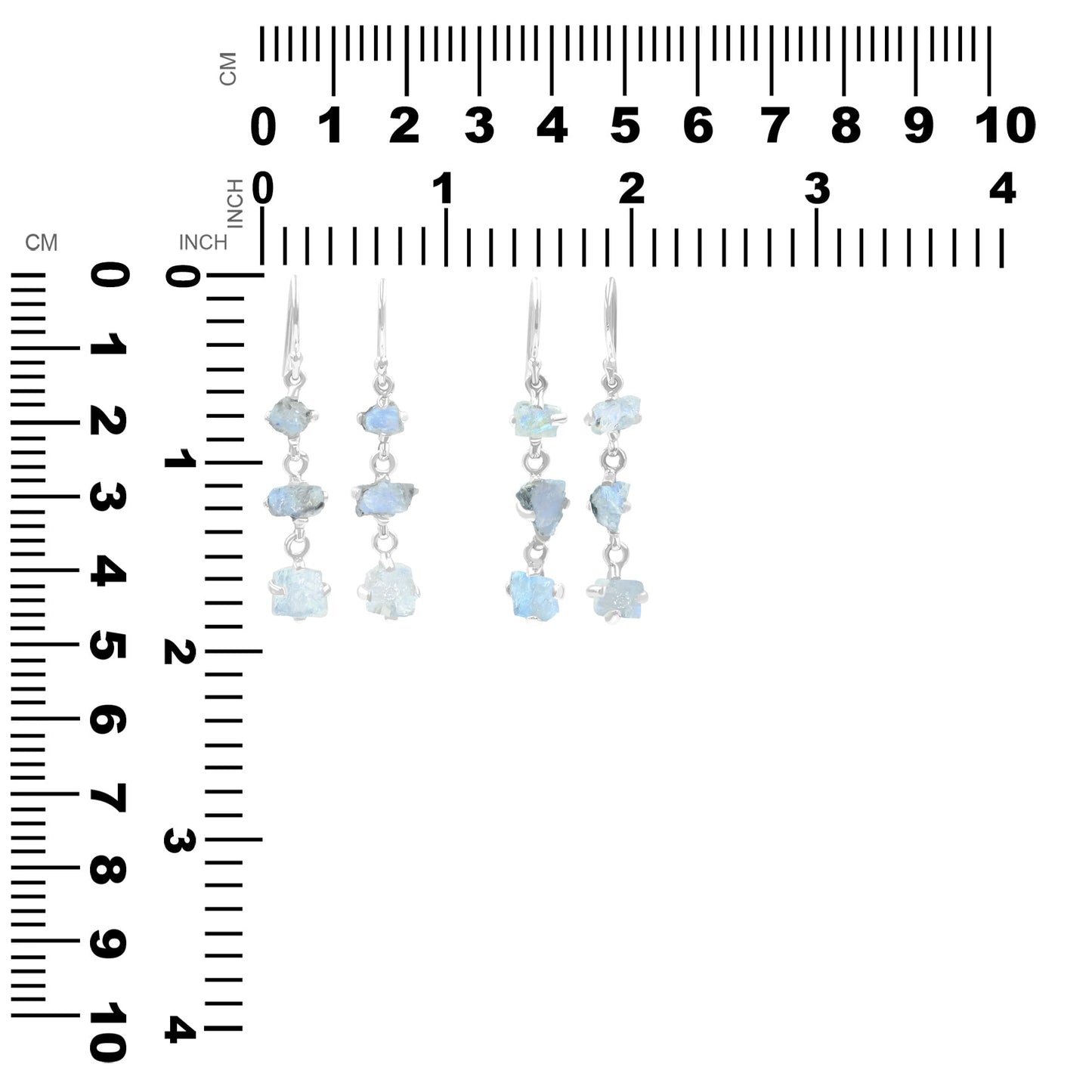 Starborn 3-Stone Rainbow Moonstone Drop Earrings in Sterling Silver - Rough with Black