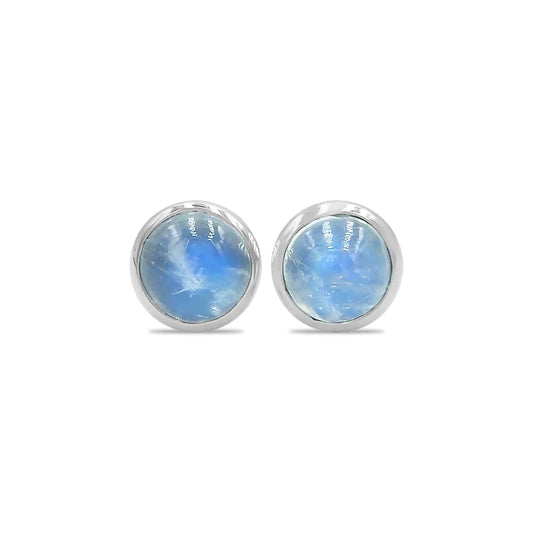 Starborn Rainbow Moonstone Round Cabochon Single Bezel Post Earrings in Sterling Silver