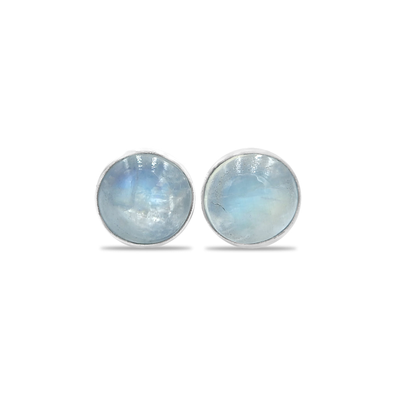 Starborn Rainbow Moonstone Round Cabochon Single Bezel Post Earrings in Sterling Silver