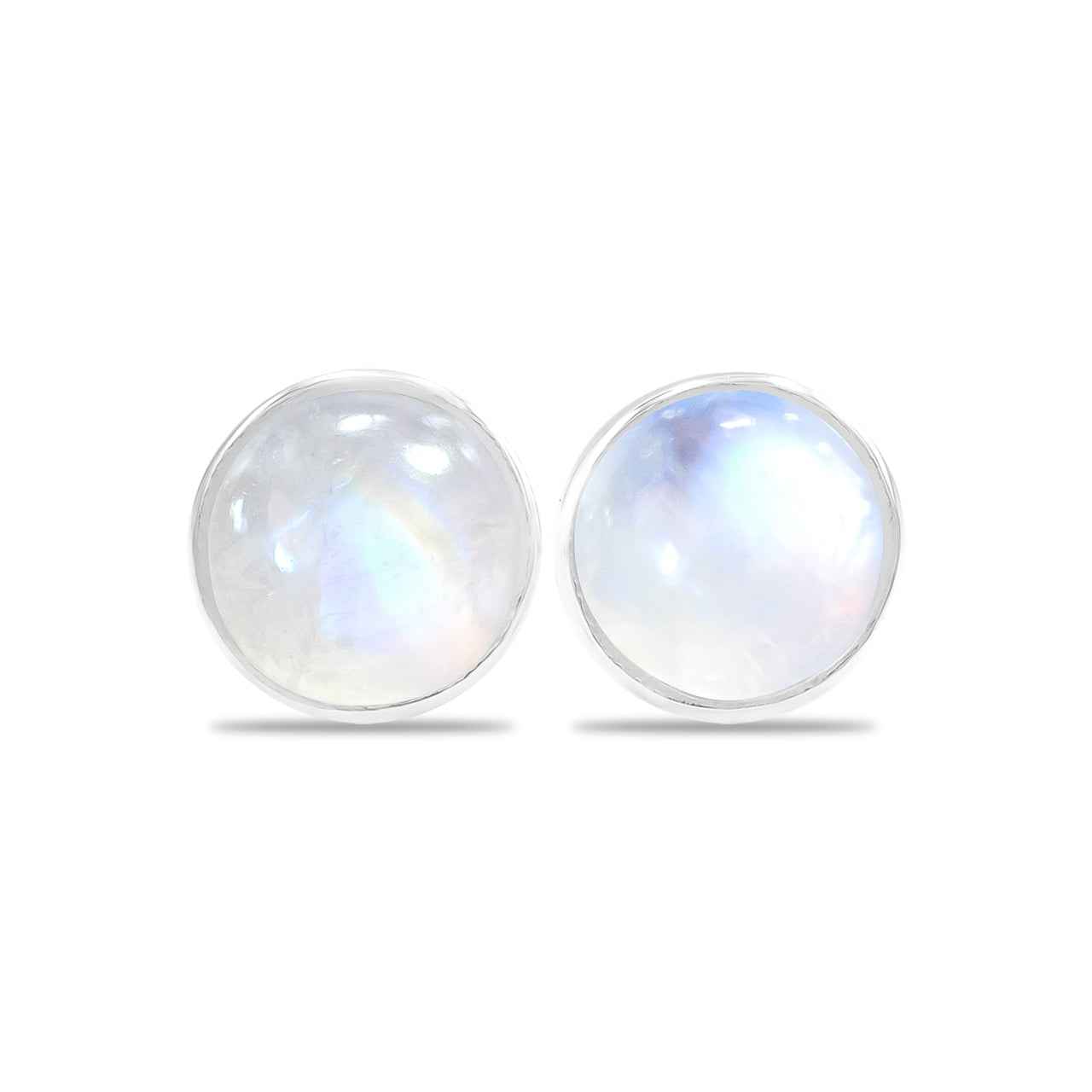 Starborn Rainbow Moonstone Round Cabochon Single Bezel Post Earrings in Sterling Silver