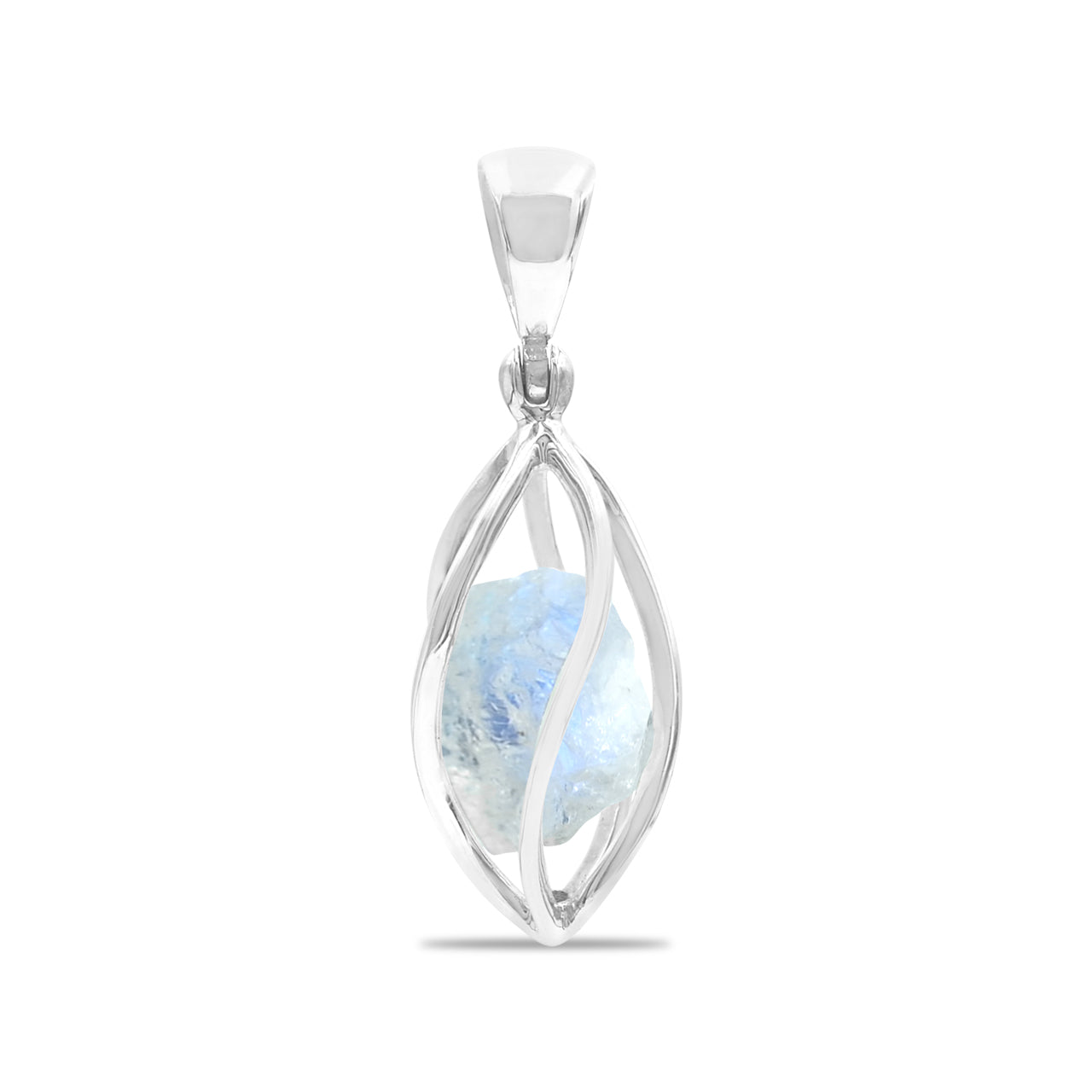 Starborn Rainbow Moonstone Rough Spiral Caged Pendant in Sterling Silver