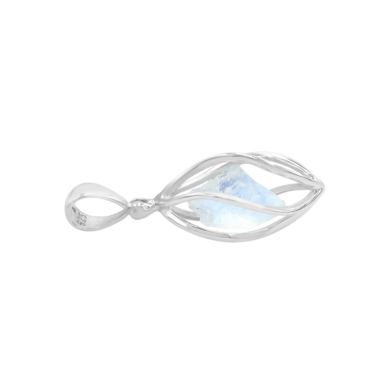 Starborn Rainbow Moonstone Rough Spiral Caged Pendant in Sterling Silver