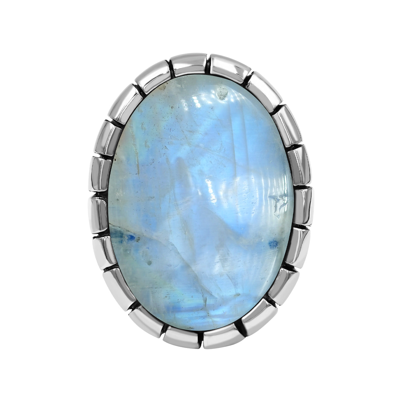 Starborn Rainbow Moonstone Striped Bezel Ring with Bali Design Shank in Sterling Silver