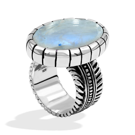 Starborn Rainbow Moonstone Striped Bezel Ring with Bali Design Shank in Sterling Silver