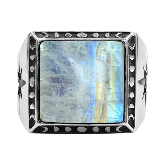 Starborn Rainbow Moonstone Square Men's Ring with Octagram in Sterling Silver