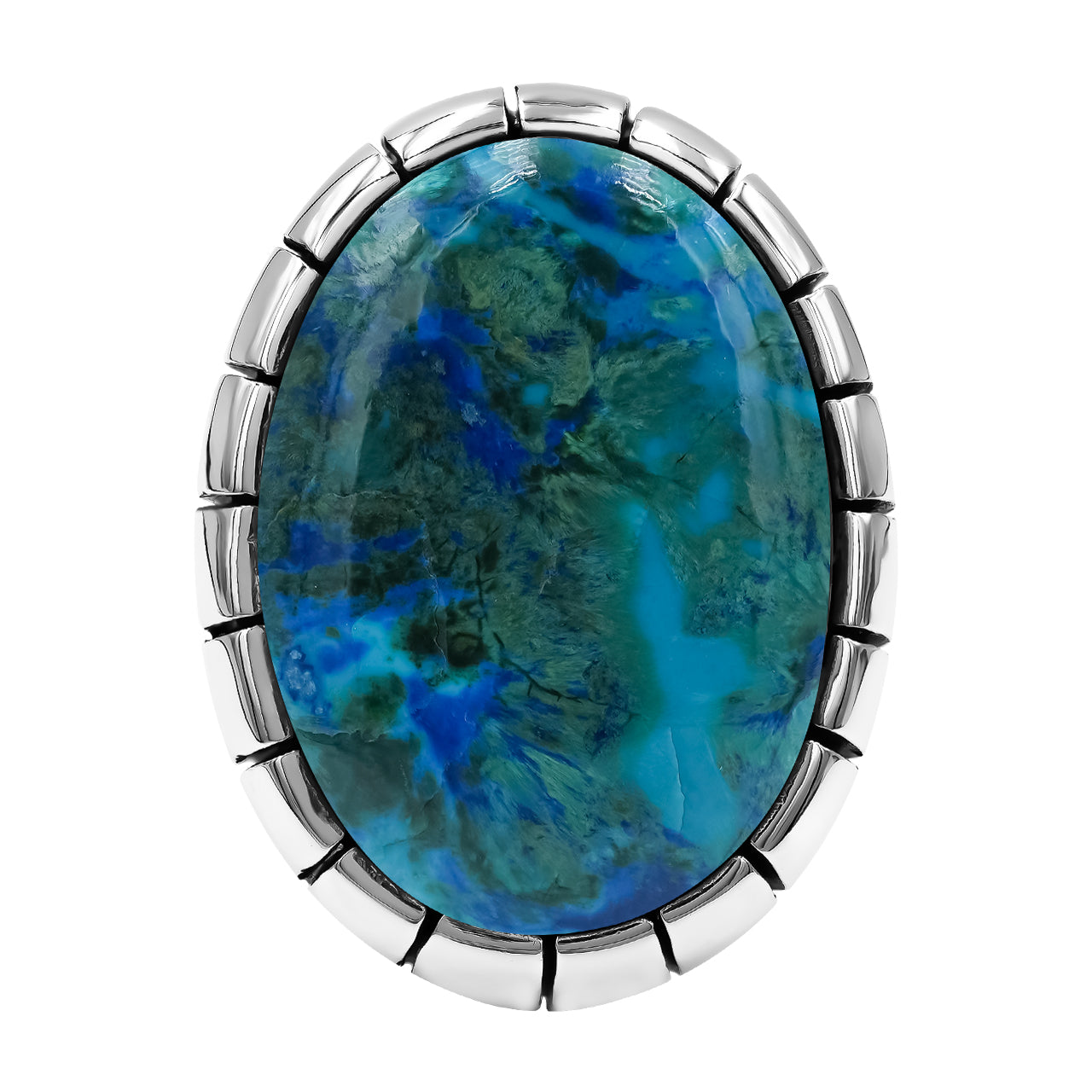 Starborn Shattuckite Striped Bezel Ring with Bali Design Shank in Sterling Silver