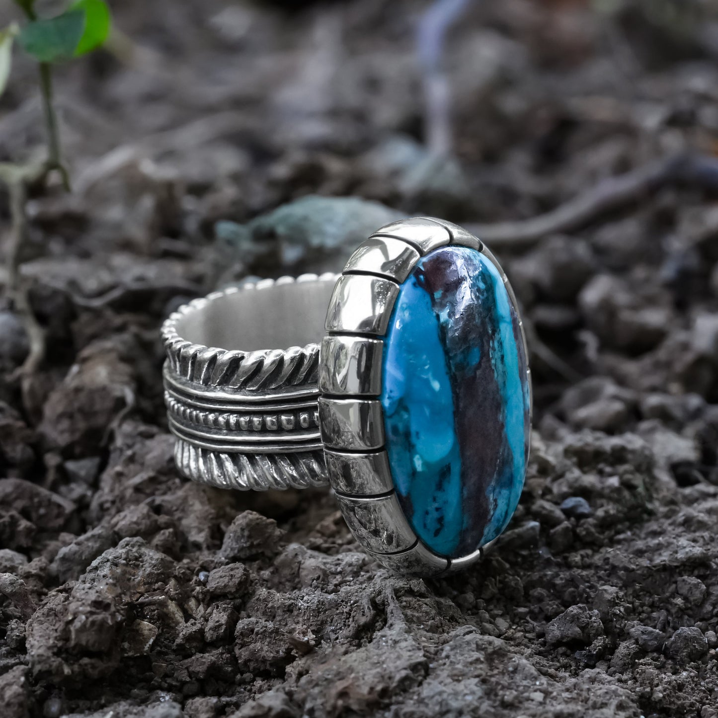 Starborn Shattuckite Striped Bezel Ring with Bali Design Shank in Sterling Silver