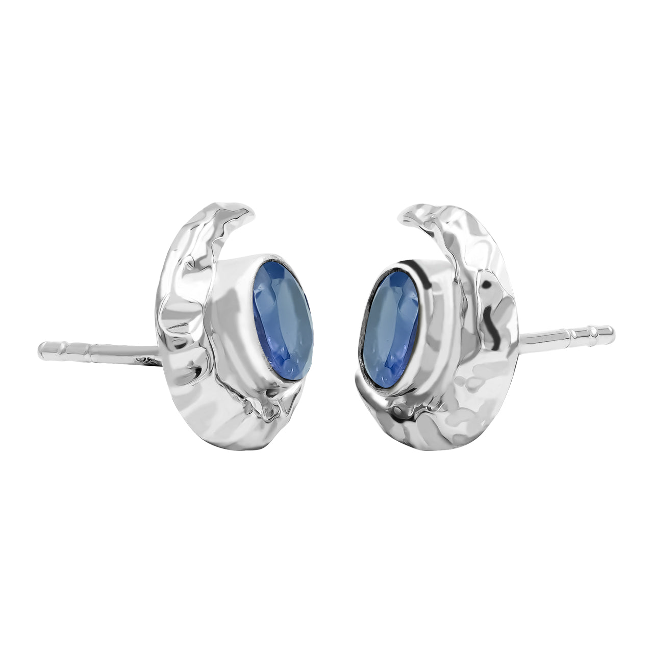 Starborn Faceted Oval Gemstone Post Earrings with Hammered Crescent Moon Accent in Sterling Silver