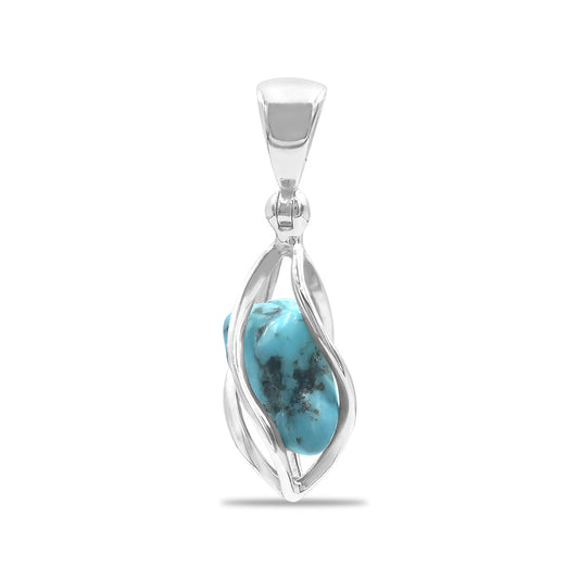 Starborn Tumbled Turquoise Spiral Caged Pendant in Sterling Silver