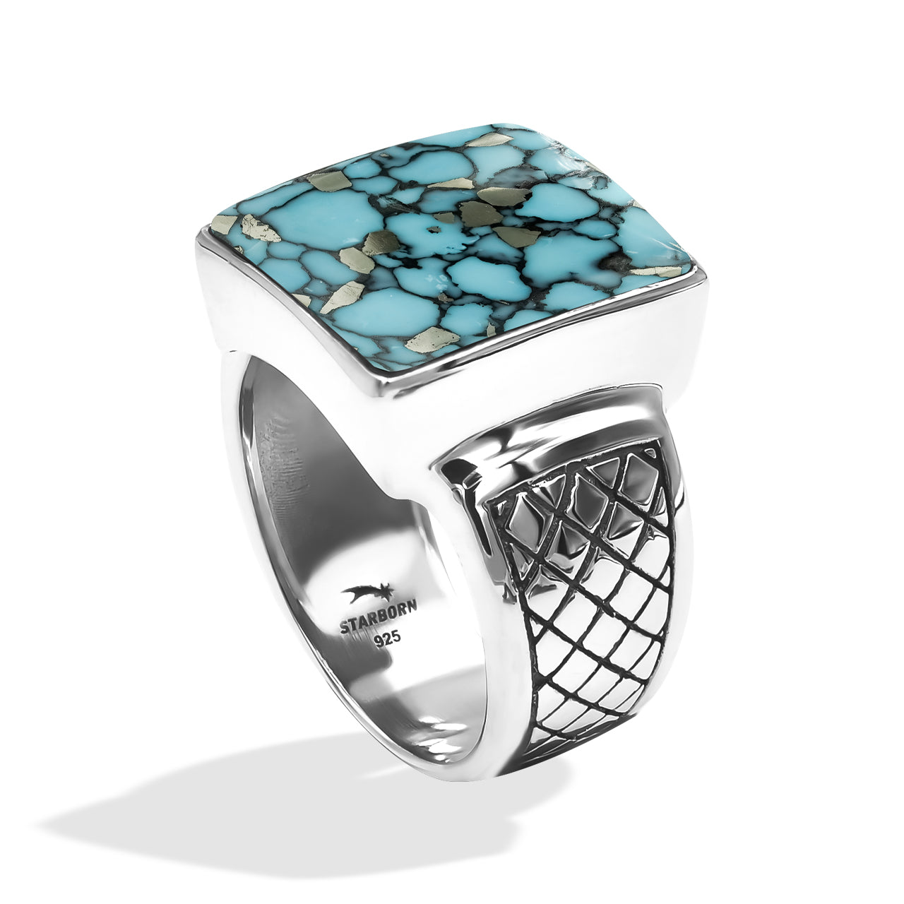 Starborn Turquoise Men’s Ring with Geometric Shank Accents in Sterling Silver