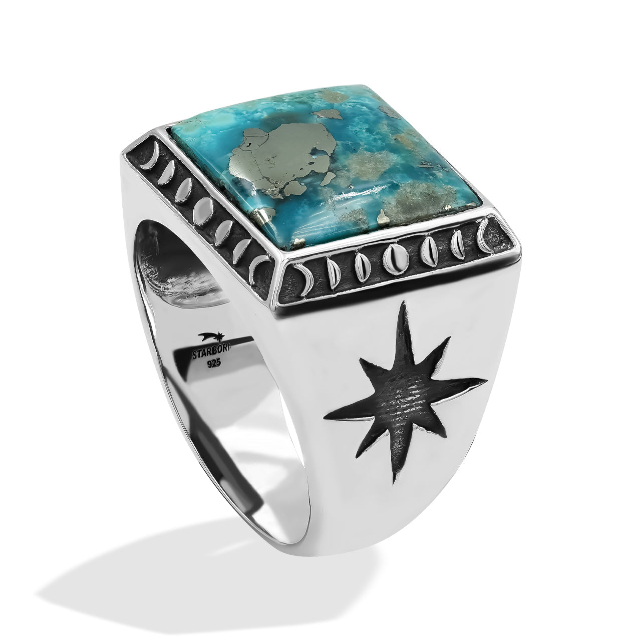 Starborn Persian Turquoise Square Men's Ring with Octagram in Sterling Silver